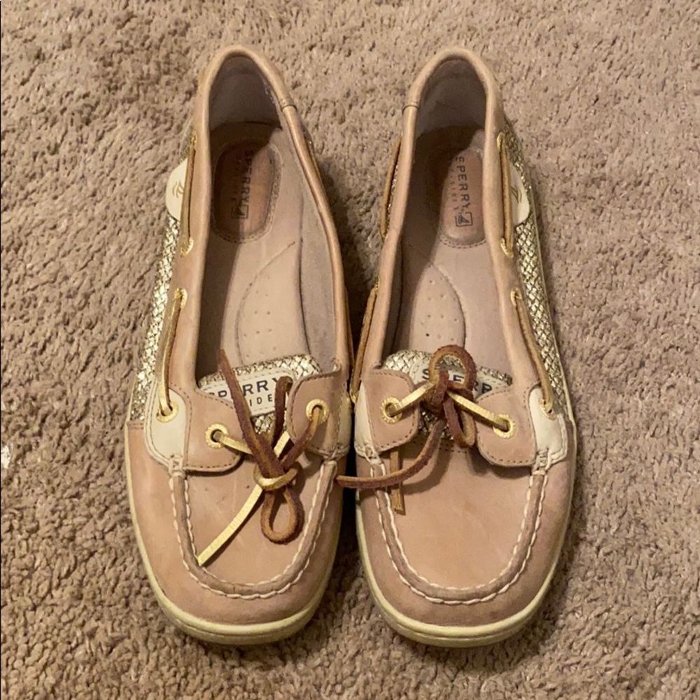 Sperry gold boat shoes.